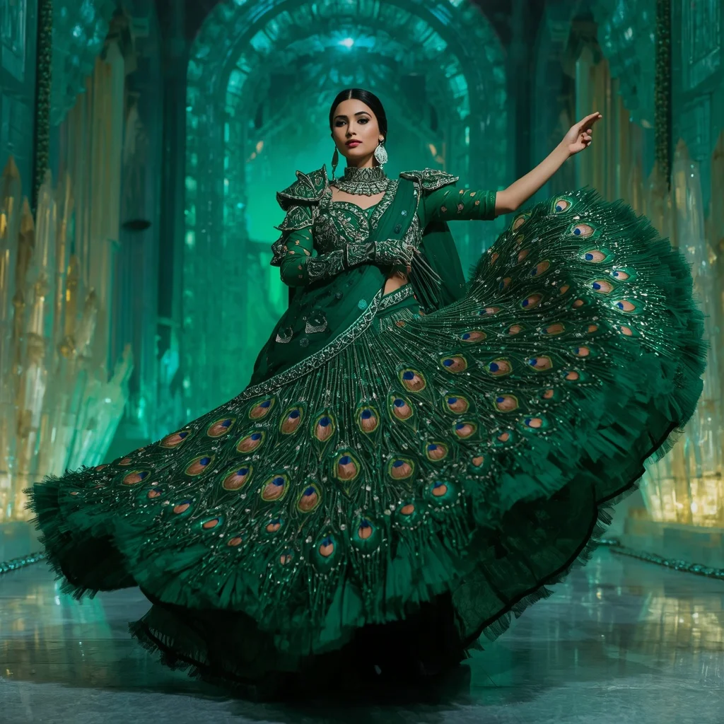 Emerald Aurora Peacock Saree – Heavy Artistic Festival Saree with Twirl Pose and Aurora Peacock Crystal Fortress Background | Happy Ai Prompt