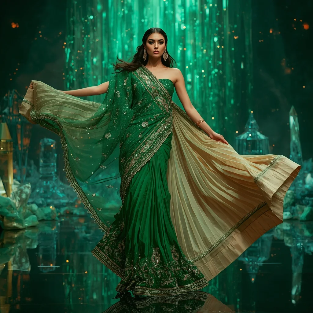 Emerald Aurora Royale Saree with Floating Crystal Empire | Pre Wedding Ai Prompt