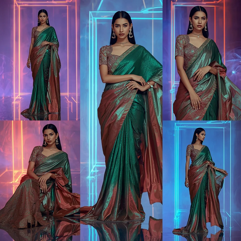 Emerald Aurora Saree with Floating Neon Prism Infinity Dome | Saree Girl Dp Ai Prompt Ultra Hd