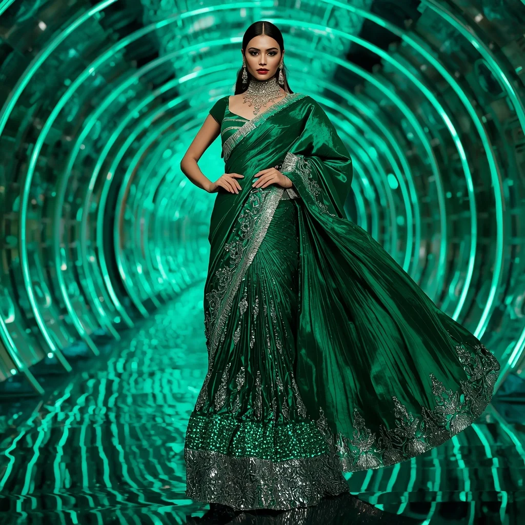 Emerald Chrome Symphony Saree with Curved Neon Reflection Infinity Orbit Corridor | New Instagram Trend Prompt For Girl Aesthetic