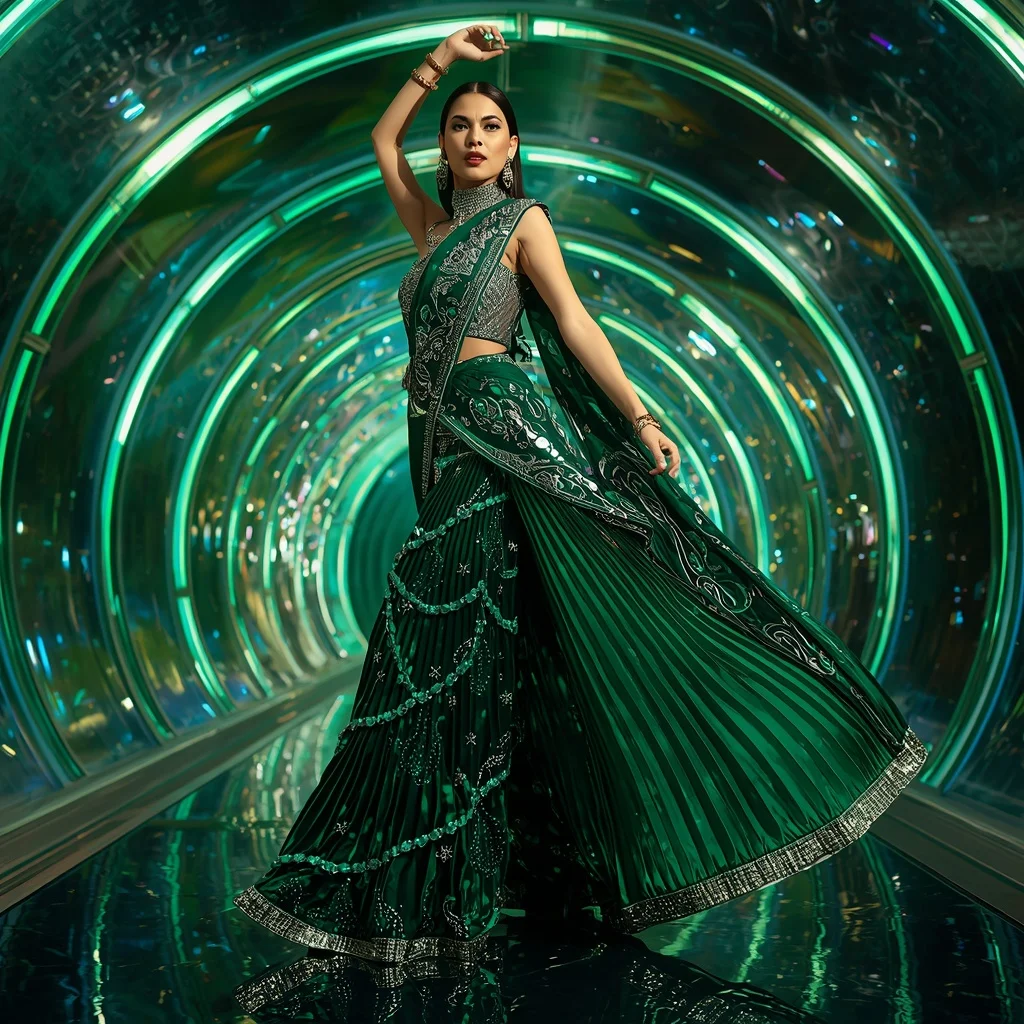 Emerald Chrome Velocity Saree with Curved Neon Reflection Galaxy Infinity Dome