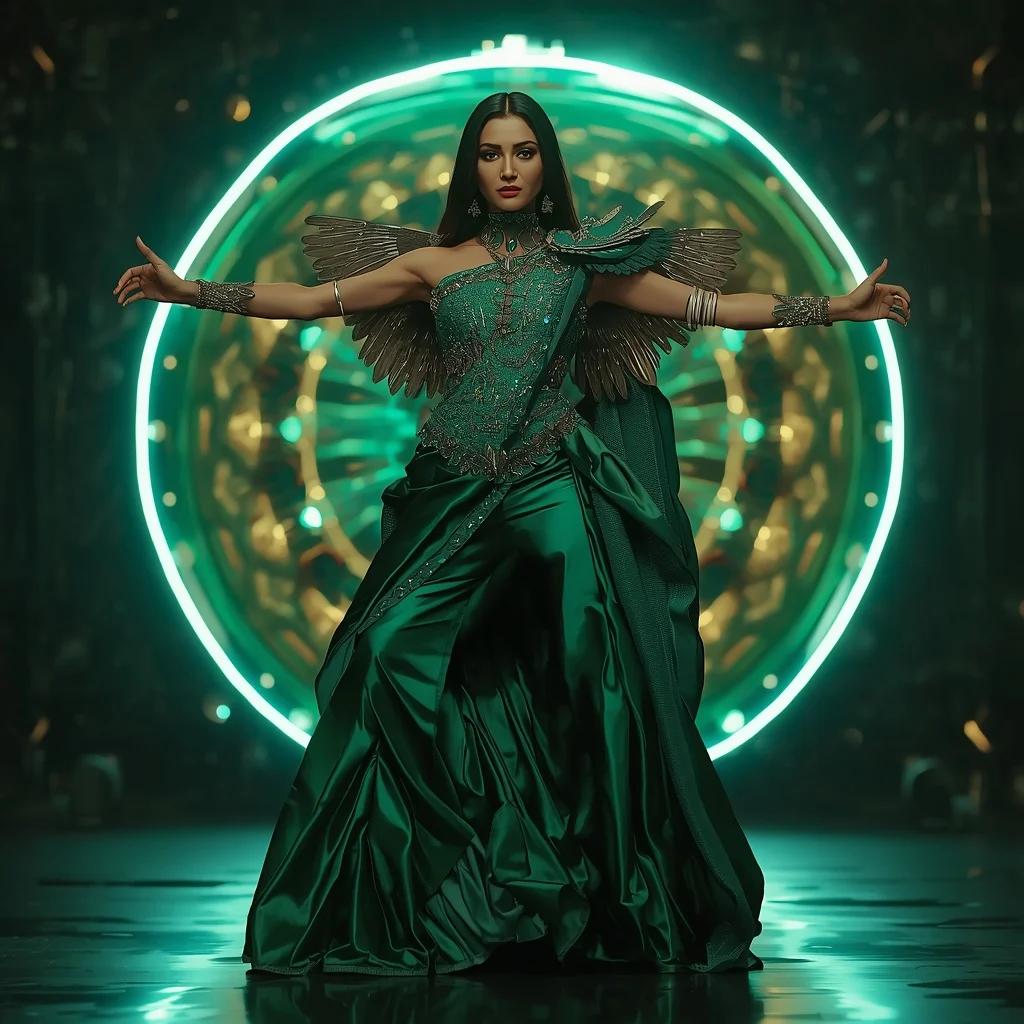 Emerald Cosmic Blade Apex Quantum Armor Saree with Floating Prism Collapse Reactor Dome Nexus Singularity Core | Instagram Reel Ai Prompt