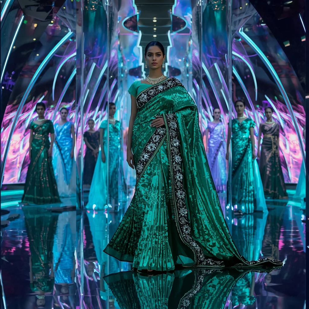 Emerald Cosmic Lightning Saree with Floating Runway Motions and Neon Reflection Crystal Mirror Hyperpalace | Fashion Ai Prompt