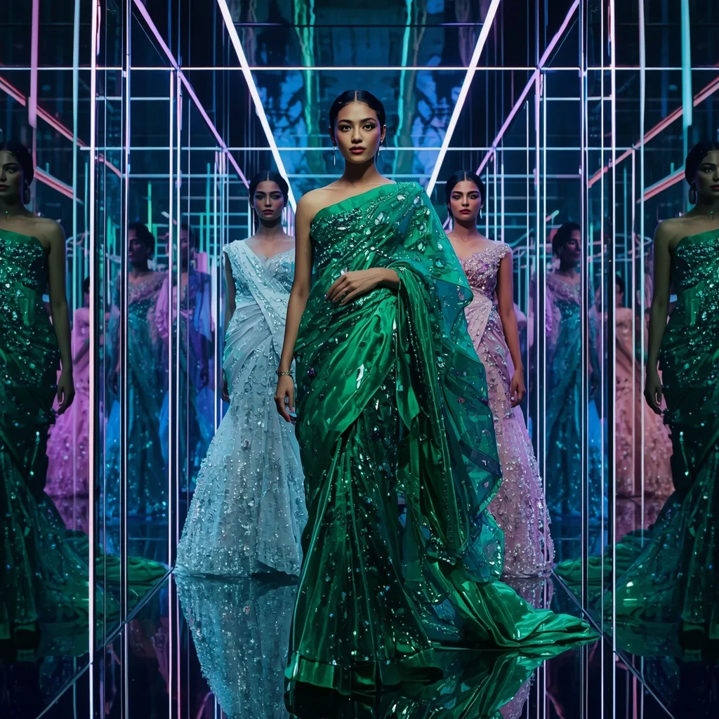 Emerald Cosmic Lightning Saree with Floating Runway Motions and Neon Reflection Prism Hypercube | Fashion Ai Prompt