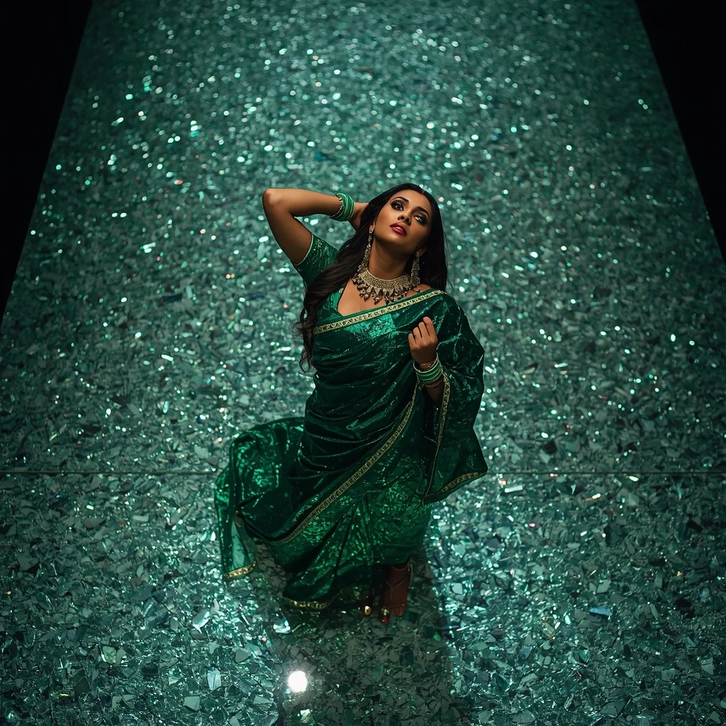 Emerald Crushed Foil Saree – Overhead Dramatic Angle with Crushed Glass Floor | Trending Prompt Girls