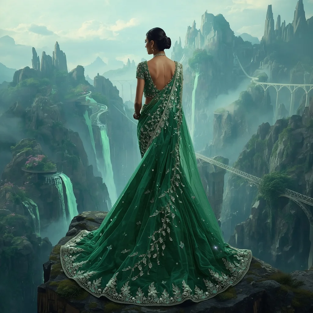 Emerald Crystal Bridge Saree with Floating Valley Kingdom | Best Prompt Ai For Girl