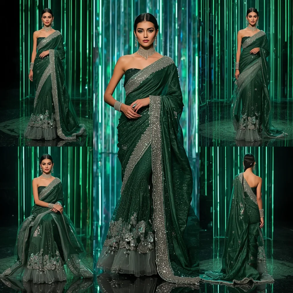 Emerald Crystal Majesty Saree with Infinite Prism Palaces | Travel Ai Prompt