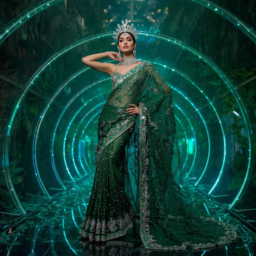 Emerald Crystal Vine Saree with Botanical Prism Crown Pavilion | Trending Ai Prompt