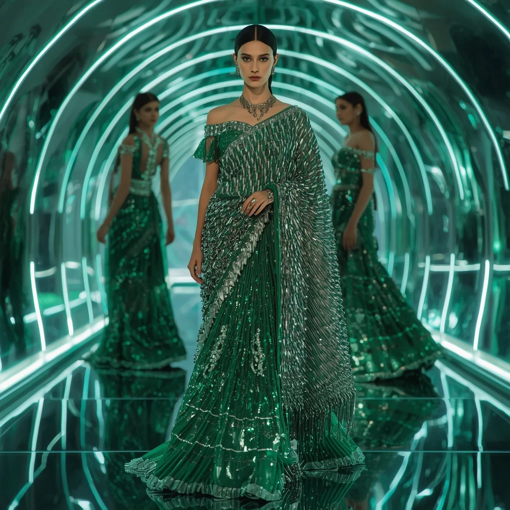 Emerald Cyber Mirage Saree with Curved Neon Infinity Crystal Hall | Ai Selfie Prompt