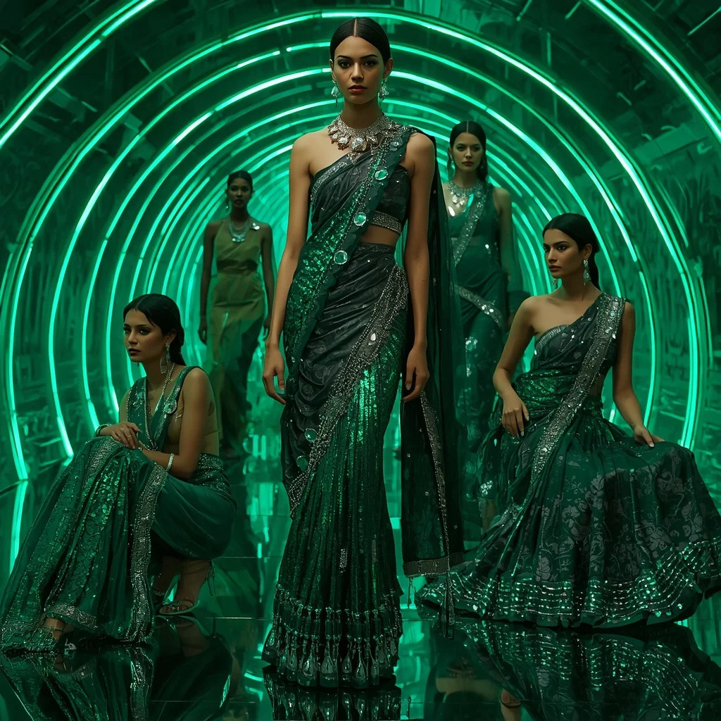 Emerald Cyber Mirage Saree with Curved Neon Infinity Sanctuary | Prompt For Gemini Ai Girl Model Instagram