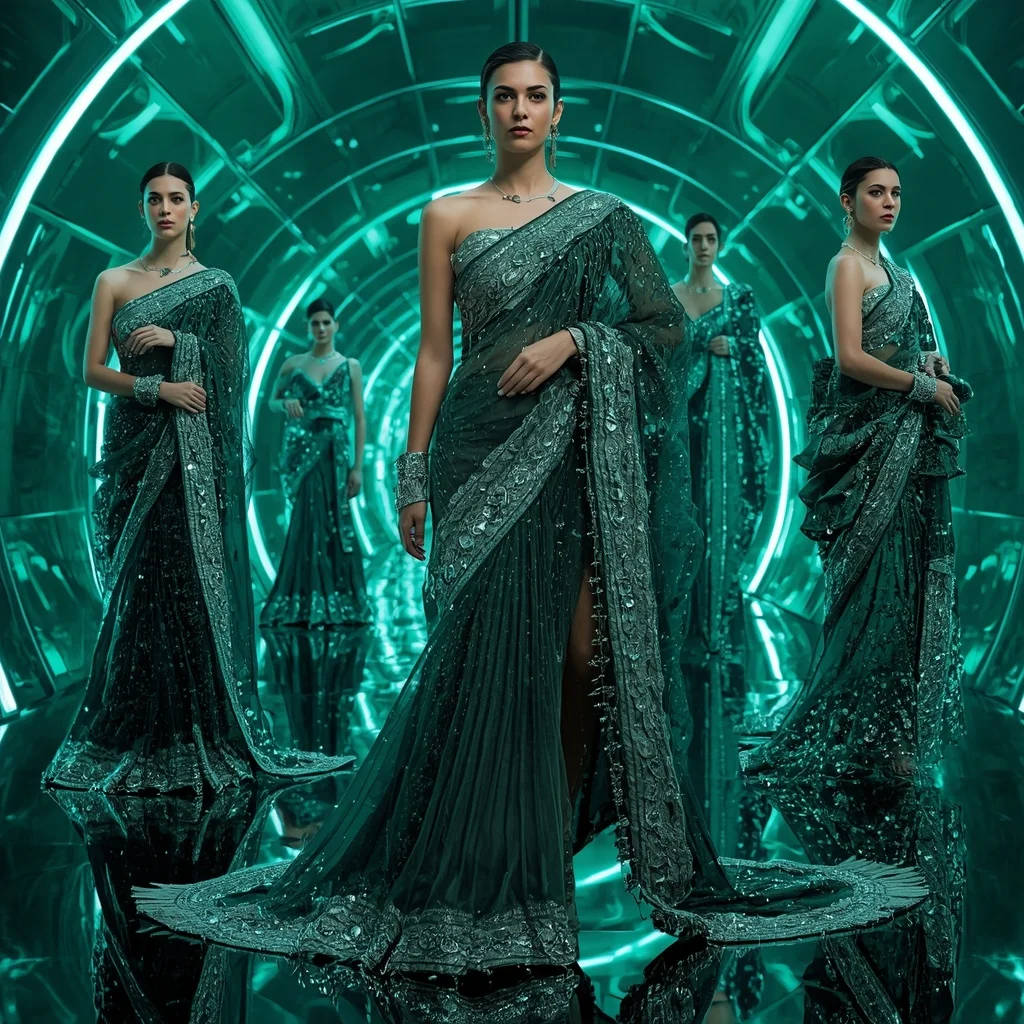 Emerald Cyber Nova Saree with Curved Neon Orbit Empire | Makeup Ai Prompt