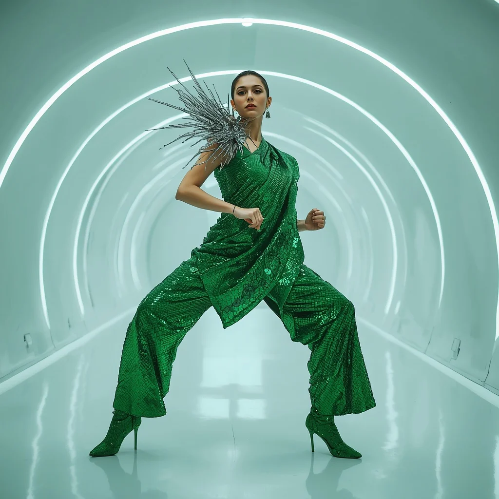 Emerald Dragon-Scale Sequin Saree in Tech Tunnel | Lighting Ai Prompt