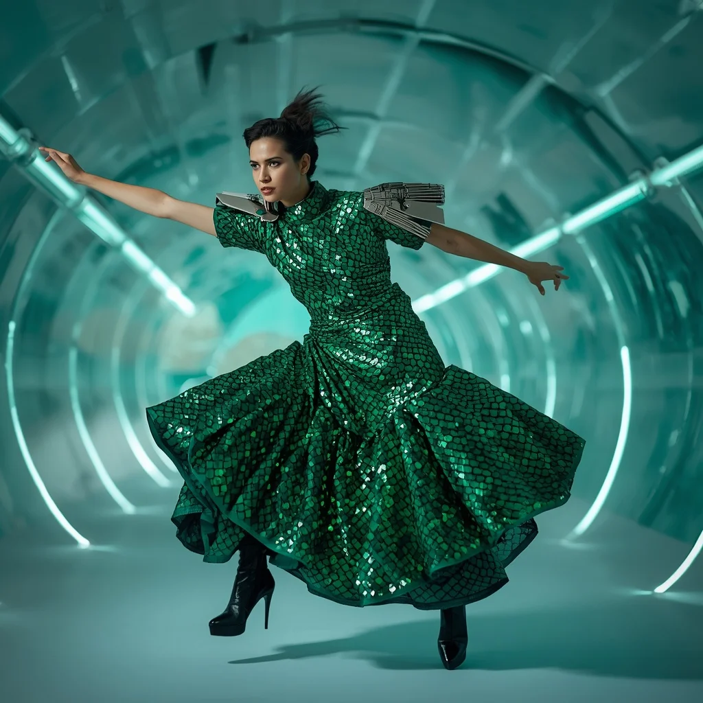 Emerald Dragon-Scale Sequin Saree with Curved Tech Tunnel | Prompt For Gemini AI Girl Style Trending Indian