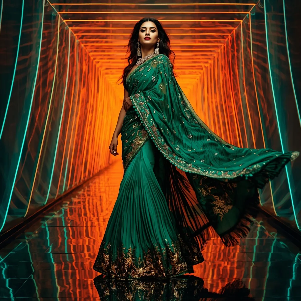 Emerald Flame Festival Saree with Digital Ribbon Tunnel | Prompt For Saree For Wedding