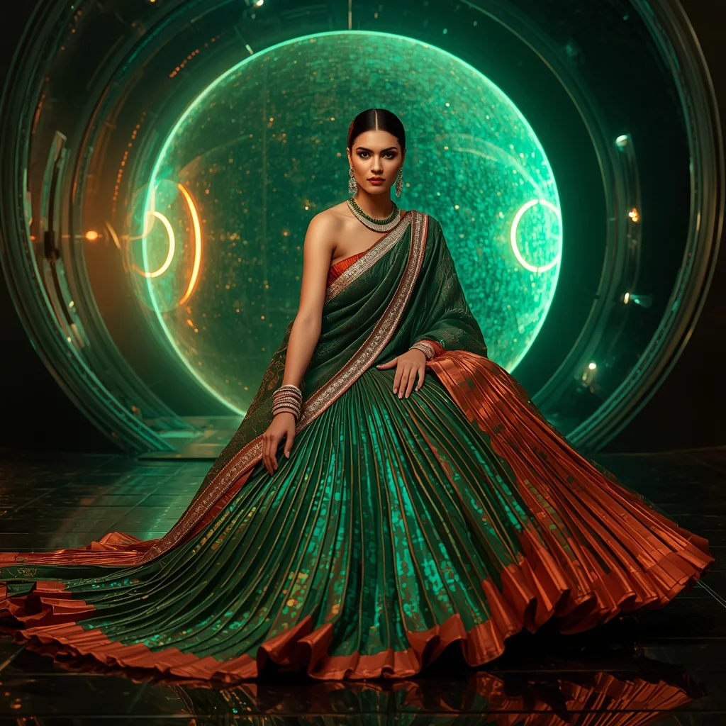 Emerald Flame Infinity Saree with Holographic Orbit Crystal Suns | Gemini Ai Prompt
