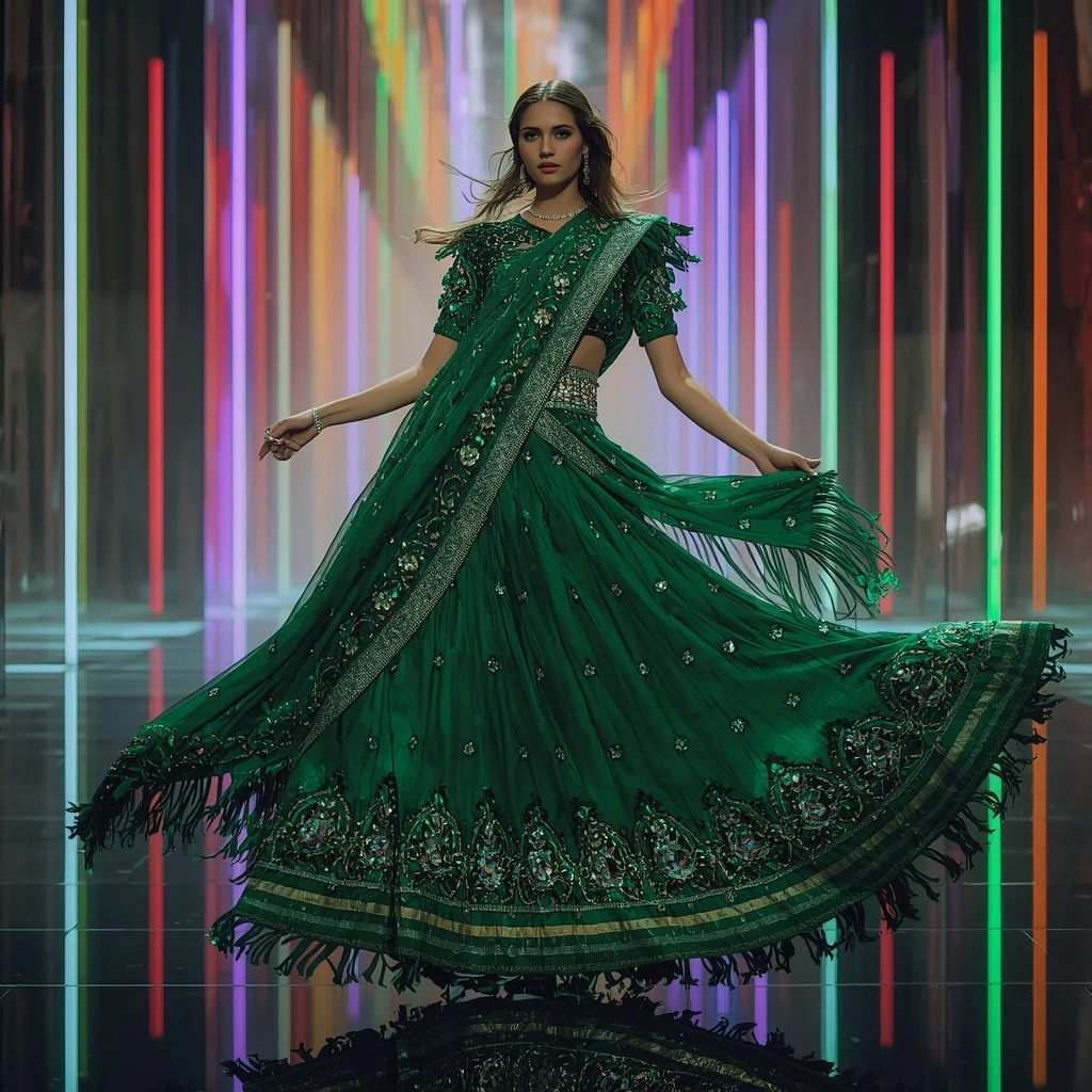 Emerald Flame Royale Saree with Quantum Prism Reflection Cathedral | Prompt Seen Gemini Girl Instagram