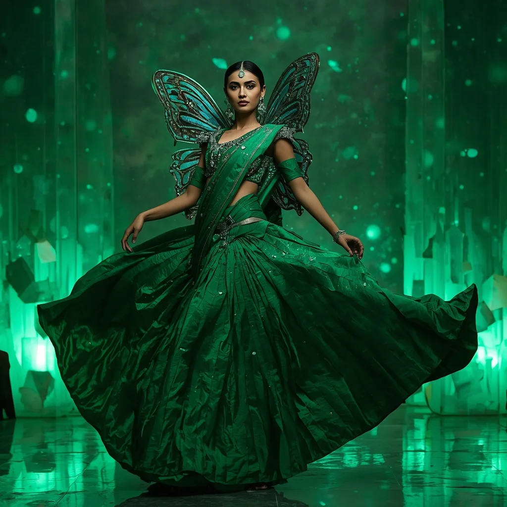 Emerald Galaxy Butterfly Saree – Heavy Artistic Festival Saree with Twirl Pose and Galaxy Butterfly Crystal Fortress Background | ChatGPT Ai Prompt