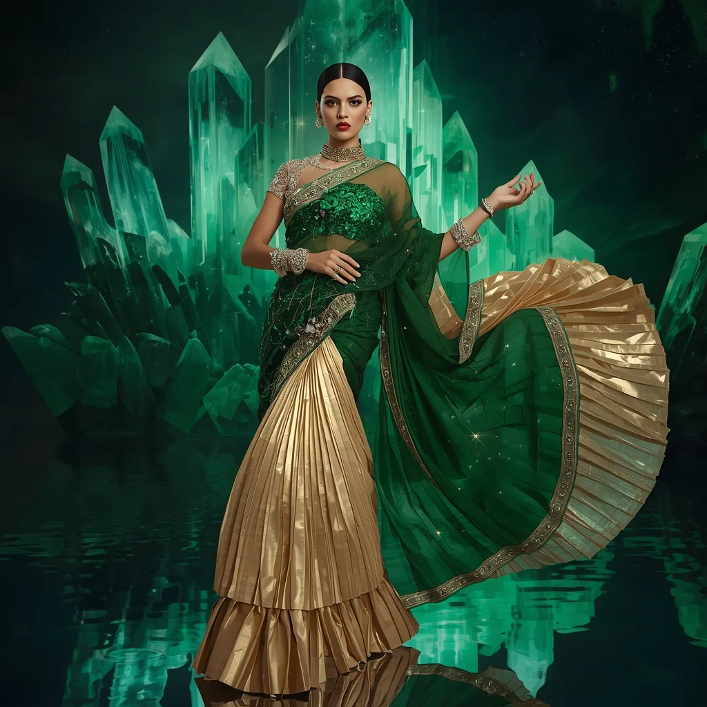 Emerald Galaxy Royale Saree with Floating Crystal Fortress | Saree Prompt For Chatgpt Ai