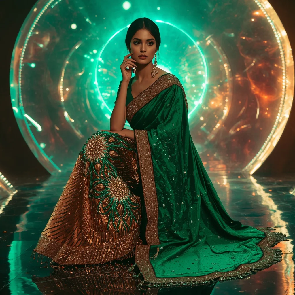 Emerald Inferno Eclipse Saree with Holographic Solar Orbit Universes | Chatgpt Photo Editing Styles For Girl