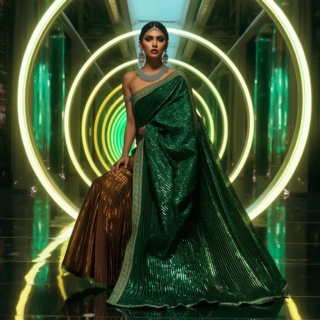 Emerald Inferno Mirage Saree with Holographic Solar Infinity Rings | Trending Prompt Girls Instagram