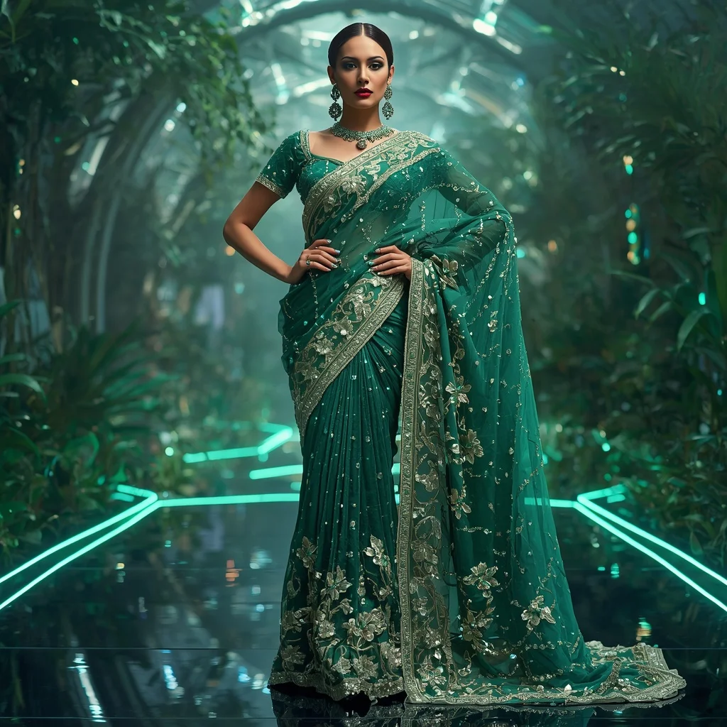 Emerald Jewel Garden Saree with Botanical Prism Infinity Palace | Cinematic Ai Prompt