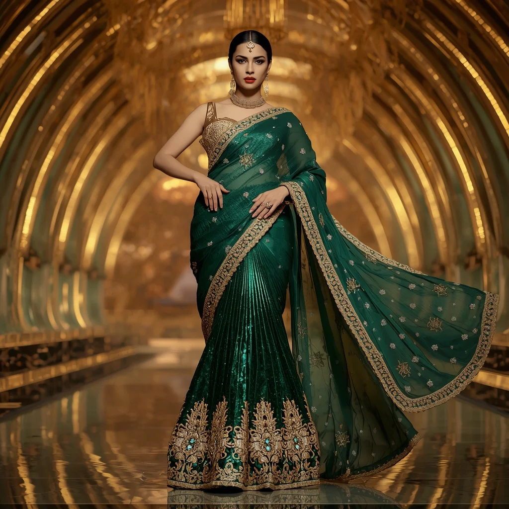 Emerald Lotus Crown Saree with Golden Infinity Empire Hall | Prompt AI For Girl