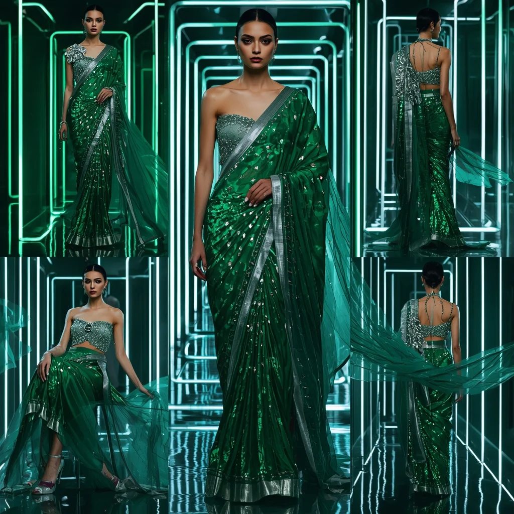 Emerald Moonlight Fantasy Saree with Neon Reflection Chambers | Instagram Girl Gemini Prompt