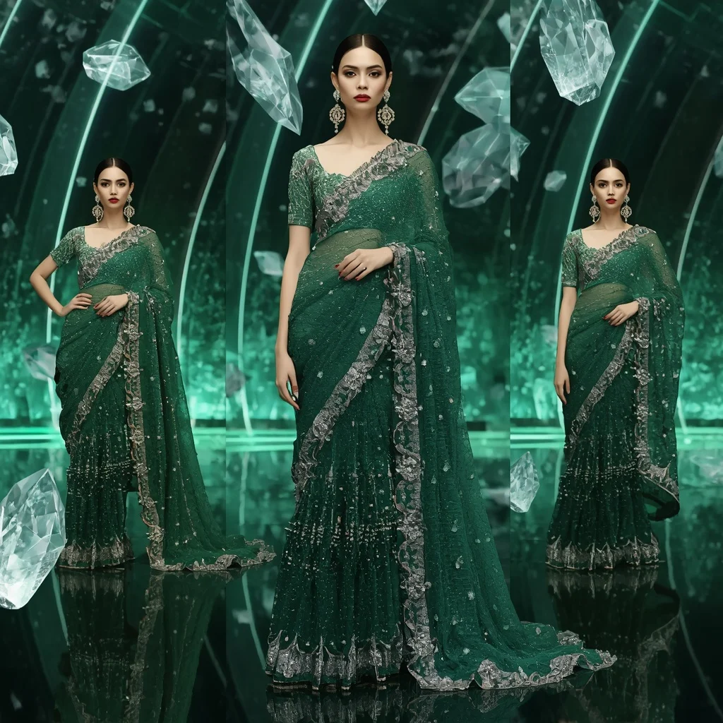 Emerald Moonlight Prism Saree with Floating Halo Crystal Palace | Prompt Gemini Ai