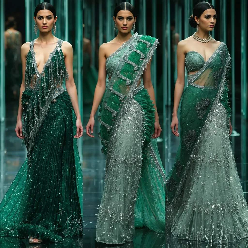 Emerald Moonlight Prism Saree with Floating Halo Galaxy Corridors | Trending Ai Prompt
