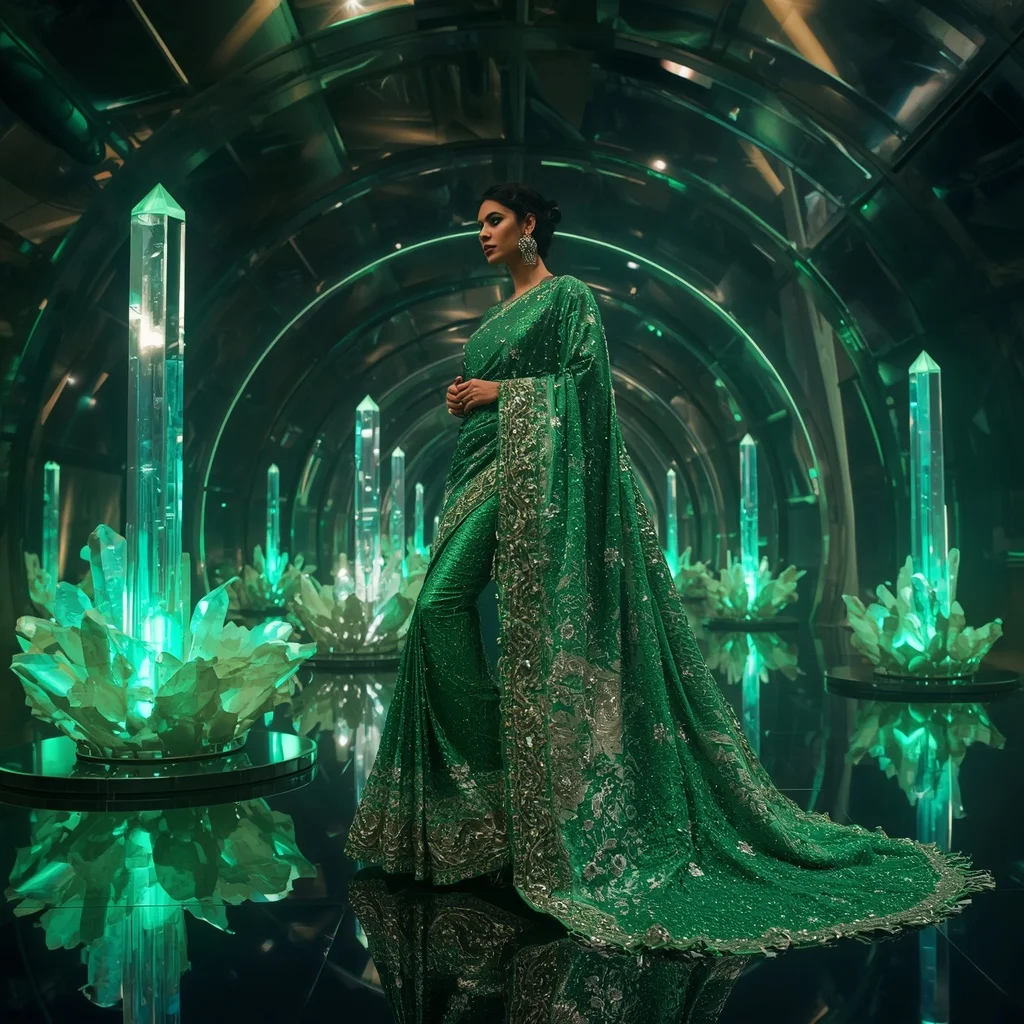 Emerald Moonlight Prism Saree with Floating Halo Infinity Crystal Sanctuary | Female Model Ai Prompt