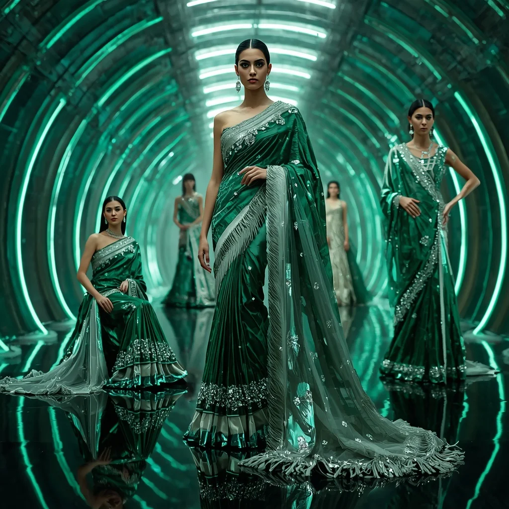 Emerald Moonlight Prism Saree with Floating Halo Orbit Corridors | Ai Image Prompt