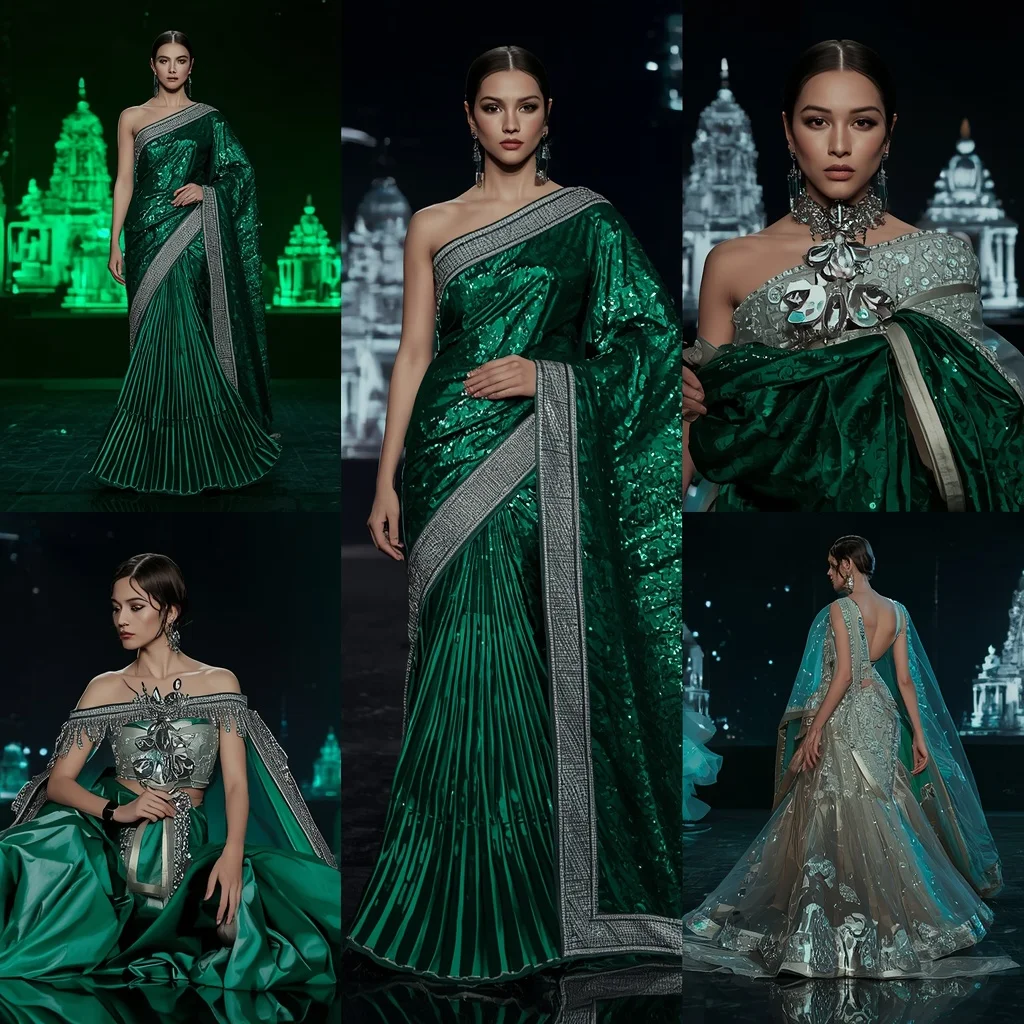 Emerald Moonlight Symphony Saree with Neon Reflection Temples | Free Ai Prompt