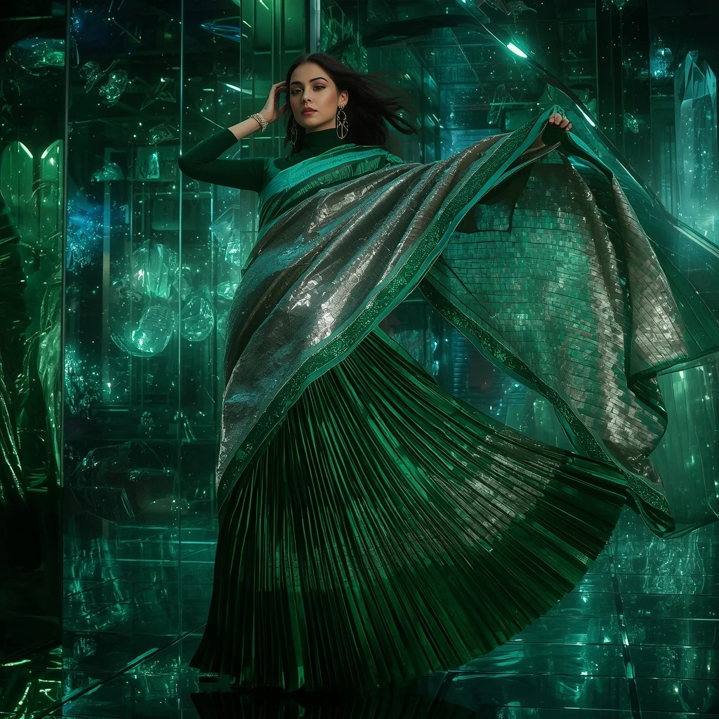 Emerald Nebula Quantum Saree with Floating Laser Crystal Galaxies | Prompt Seen Girl Photo Editing
