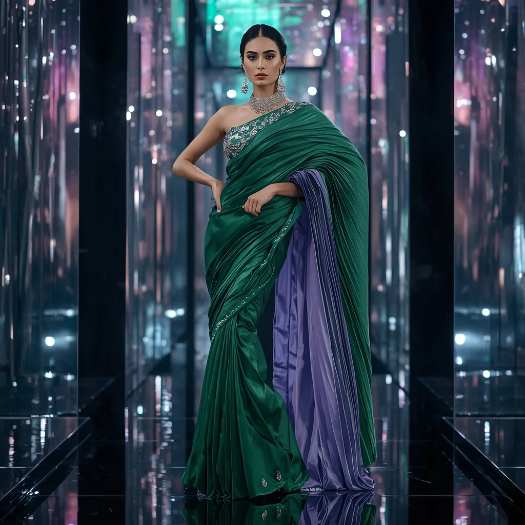 Emerald Neon Velocity Saree with Floating Geometry Reflection Galaxy Infinity Corridor | Stable Diffusion Prompt