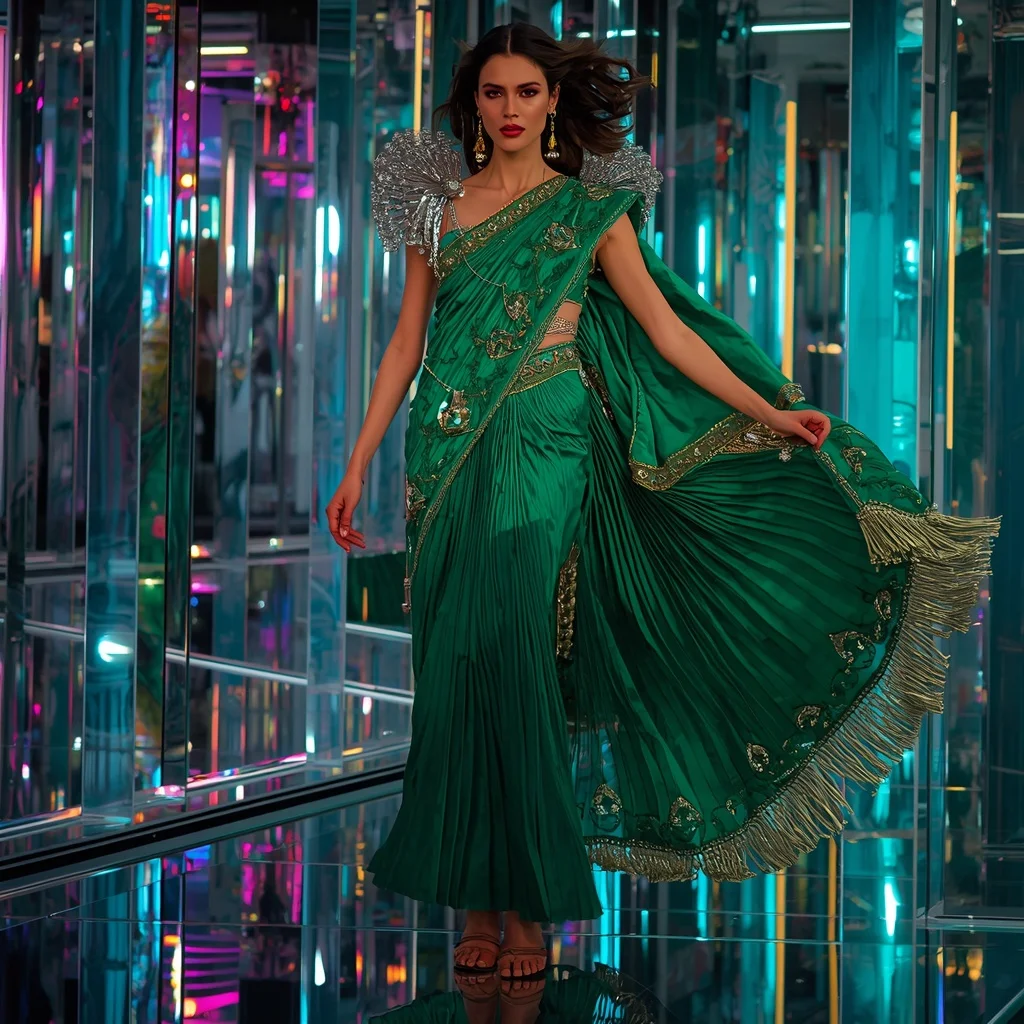 Emerald Nova Crystal Saree with Floating Prism Reflection Observatory | Selfie Prompt