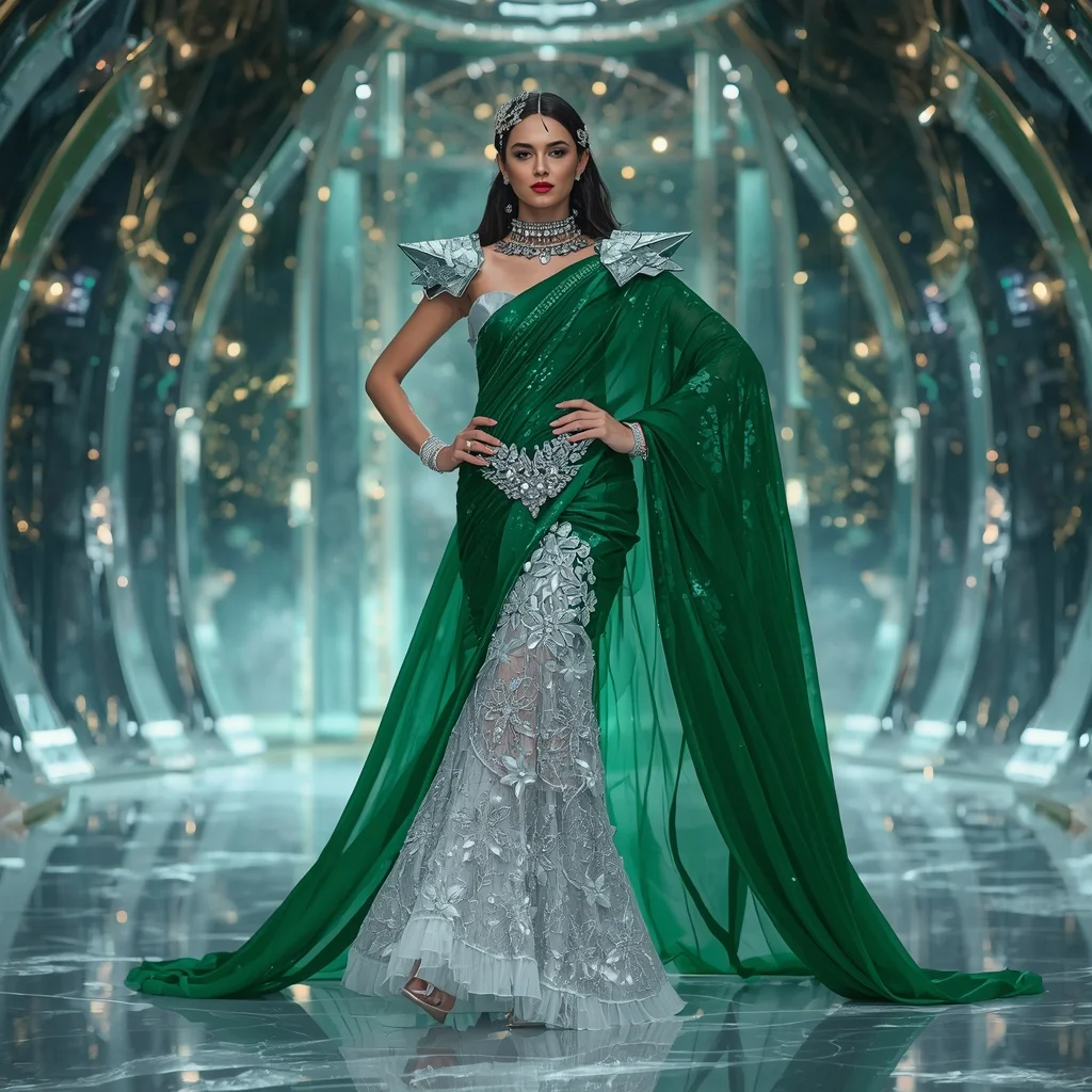 Emerald Nova Royale Saree with Infinity Crystal Crown Galaxy Sanctuary | Gemini Prompt