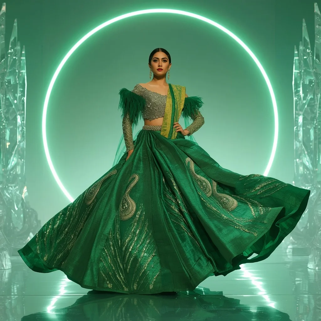 Emerald Orbit Swan Saree – Heavy Artistic Festival Saree with Twirl Pose and Orbit Swan Crystal Fortress Background | Prompt For Gemini Girl Attitude