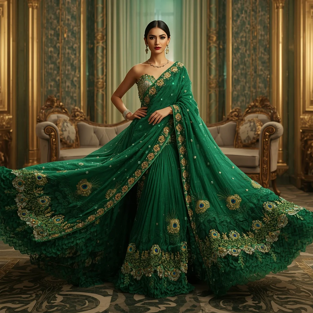 Emerald Peacock Aurora Saree with Golden River Thrones and Royal Garden Dynasty | Leonardo Ai Image Prompt