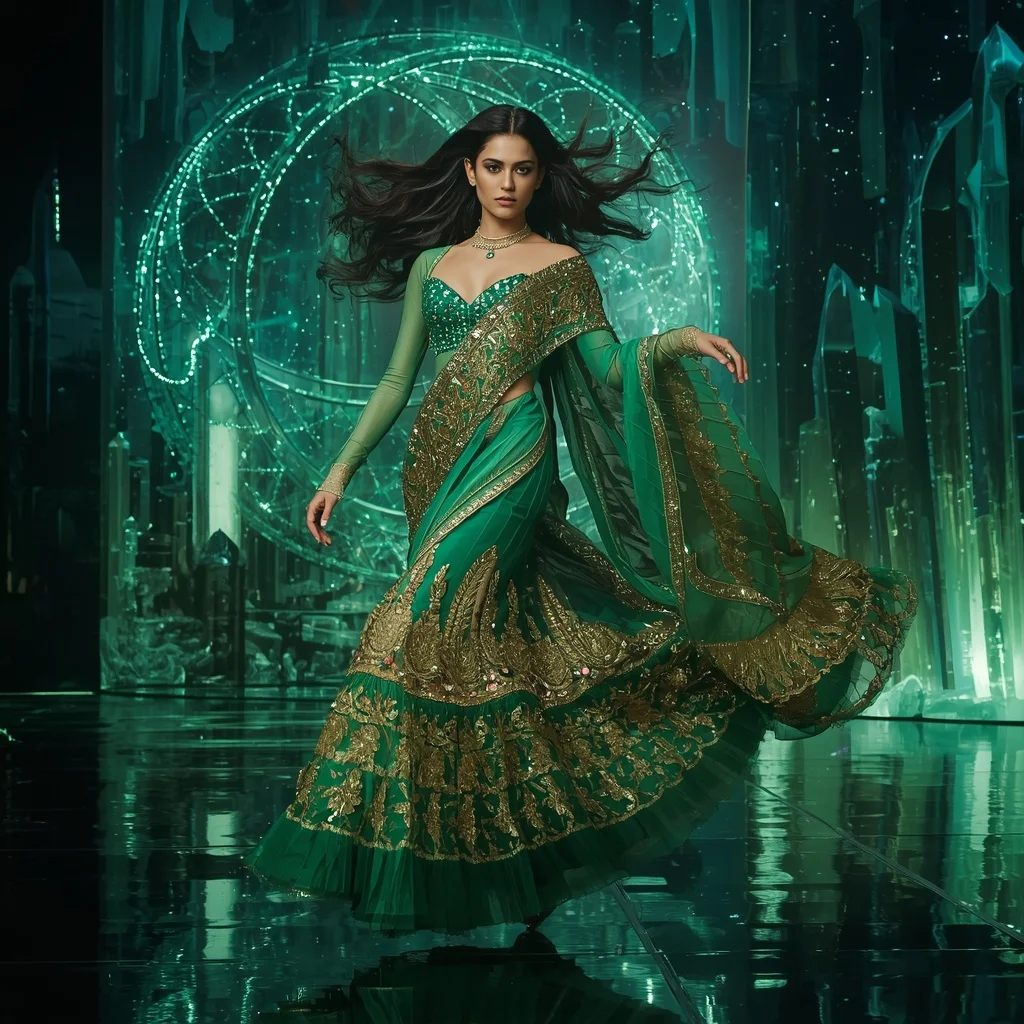 Emerald Phantom Crystal Saree with Floating Crystal Nexus