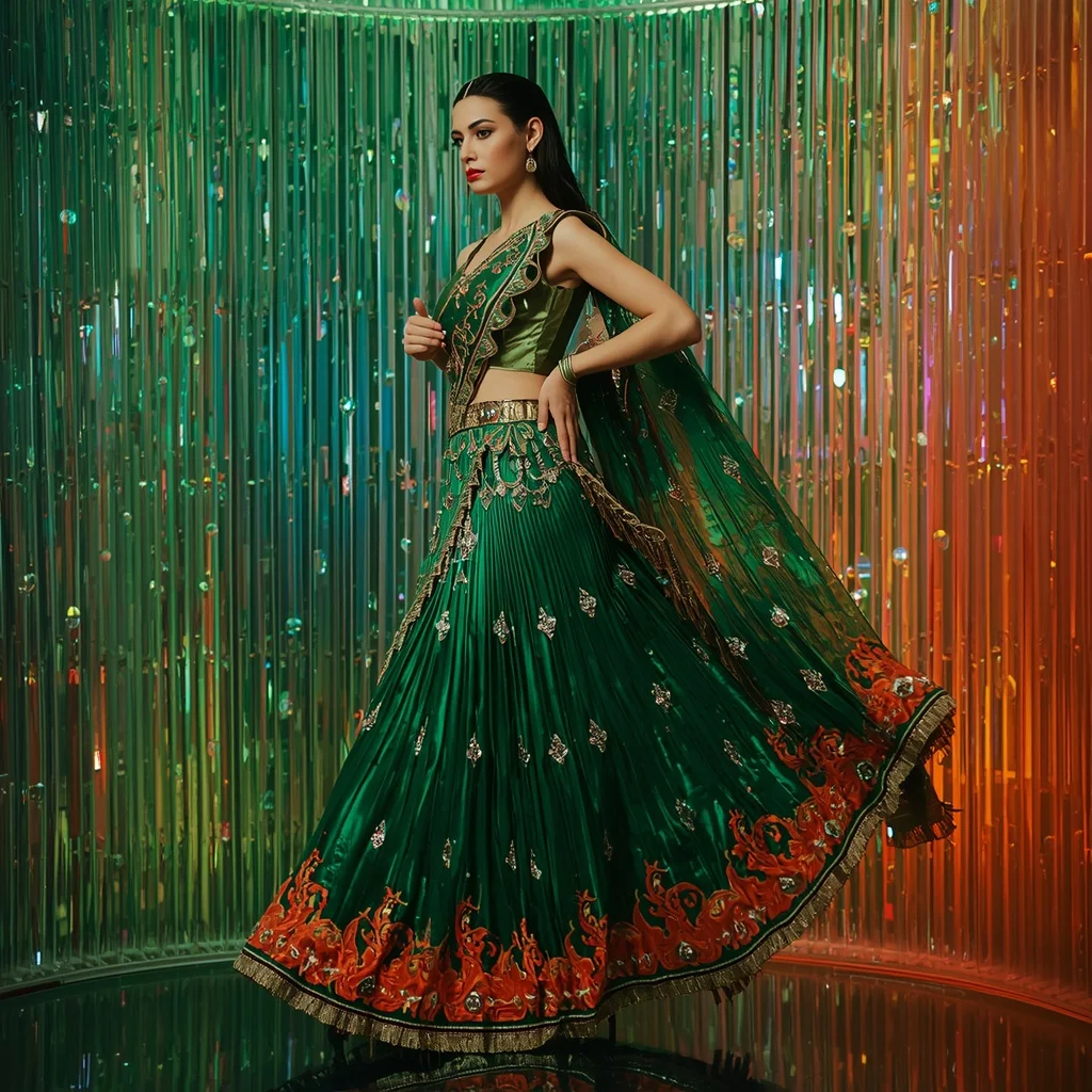 Emerald Phoenix Flame Saree with Curved Plasma Crystal Empire | Traditional Saree Prompt For Girl