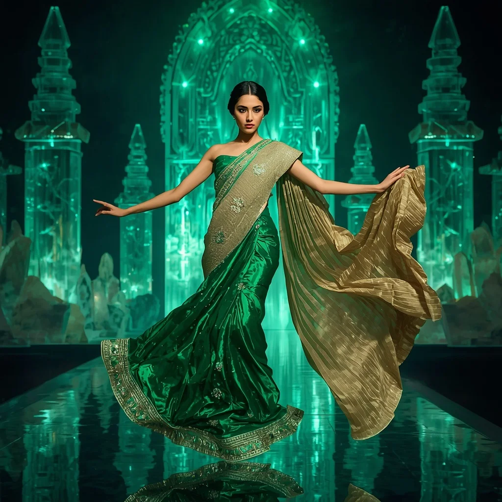 Emerald Prism Royale Saree with Floating Crystal Temple | Retro Style Prompt For Gemini Girl In Saree Copy And Paste