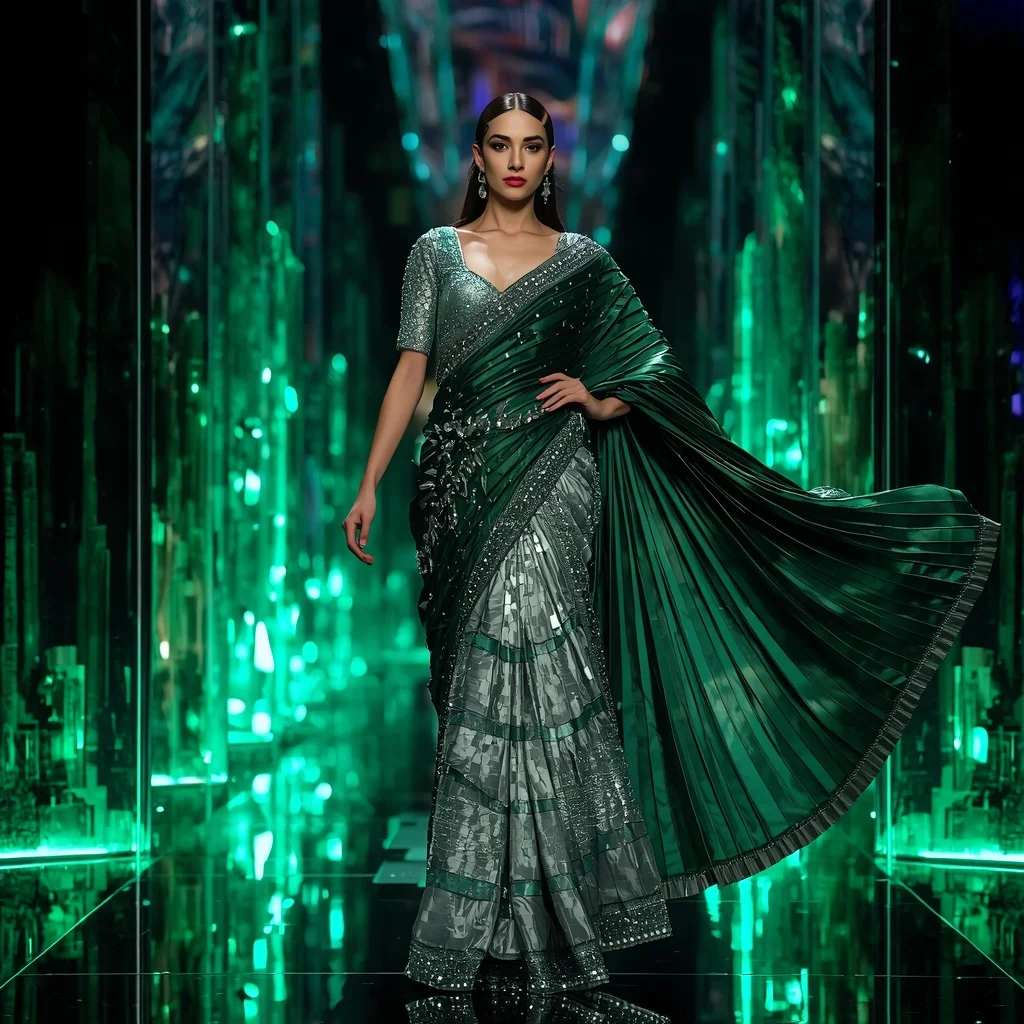 Emerald Quantum Aurora Saree with Curved Prism Skyline Dimensions | Ai Prompt Generator Free