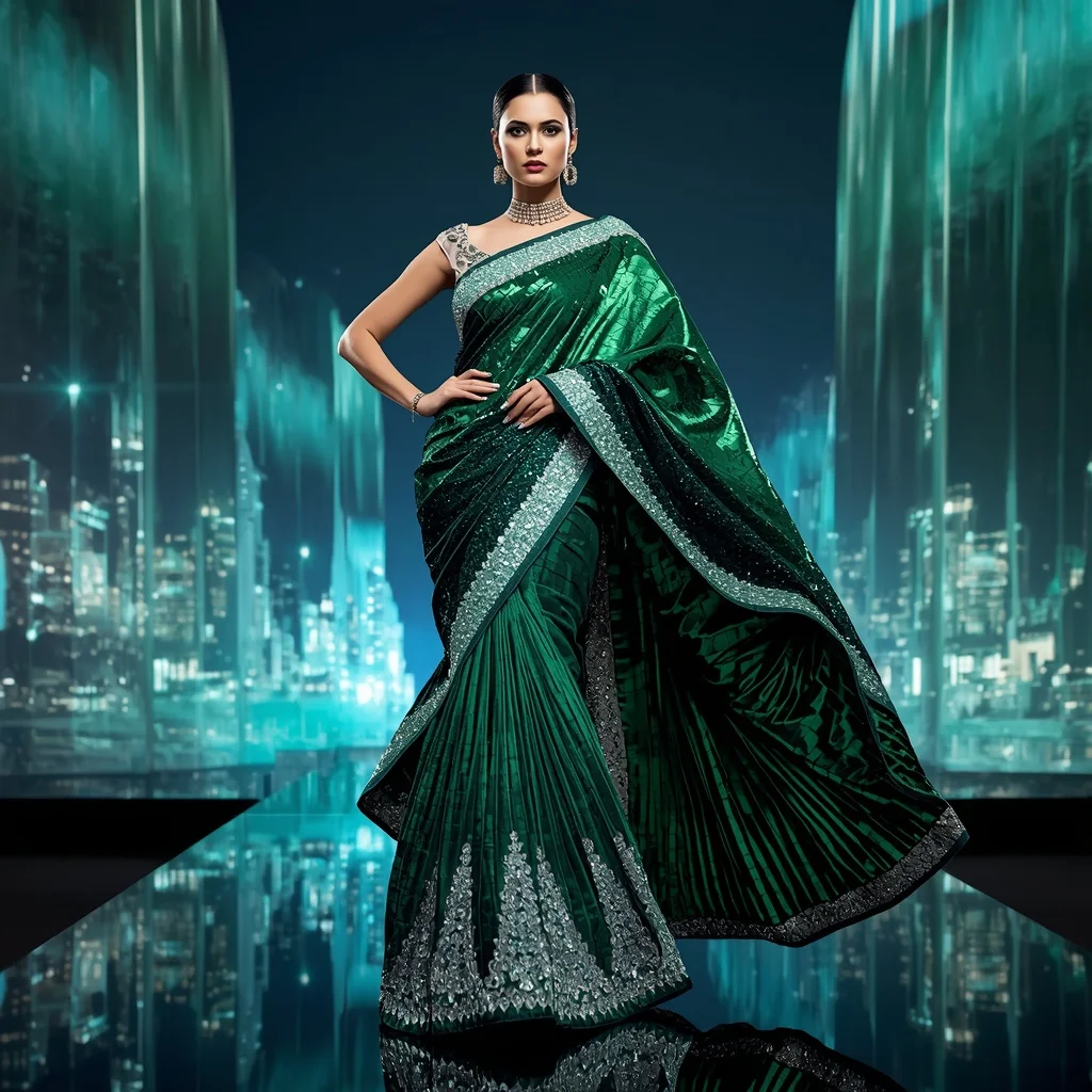 Emerald Quantum Aurora Saree with Curved Prism Skyline Worlds | Snapchat Aesthetic Ai Prompt