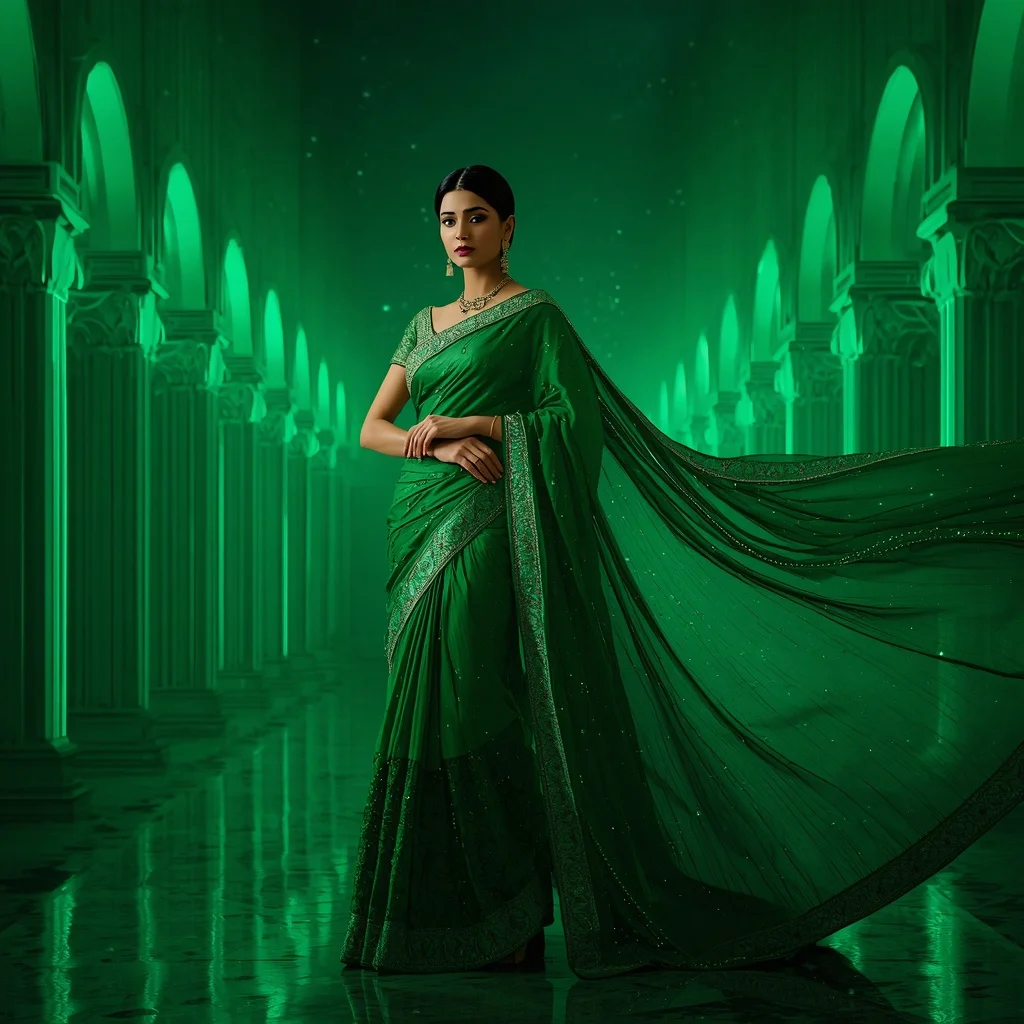 Emerald Rain Nebula Starforge Drift Saree – Royal Luxury Saree with Graceful Flow Pose and Starforge Nebula Drift Palace Background | Best Prompt For Traditional Look For Girl Chatgpt