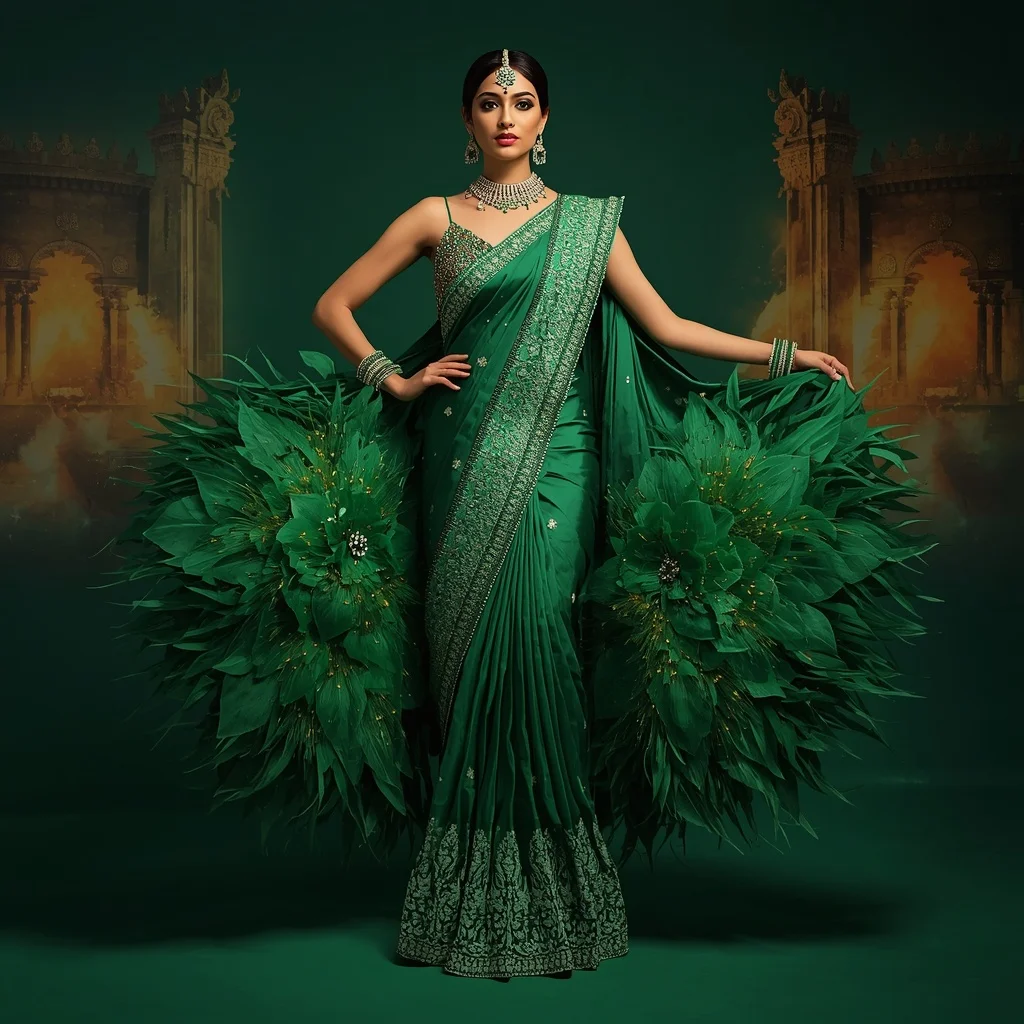 Emerald Royal Starcore Forge Saree – Heavy Royal Festival Saree with Queen Pose and Starcore Forge Palace Background | Creative Ai Prompt