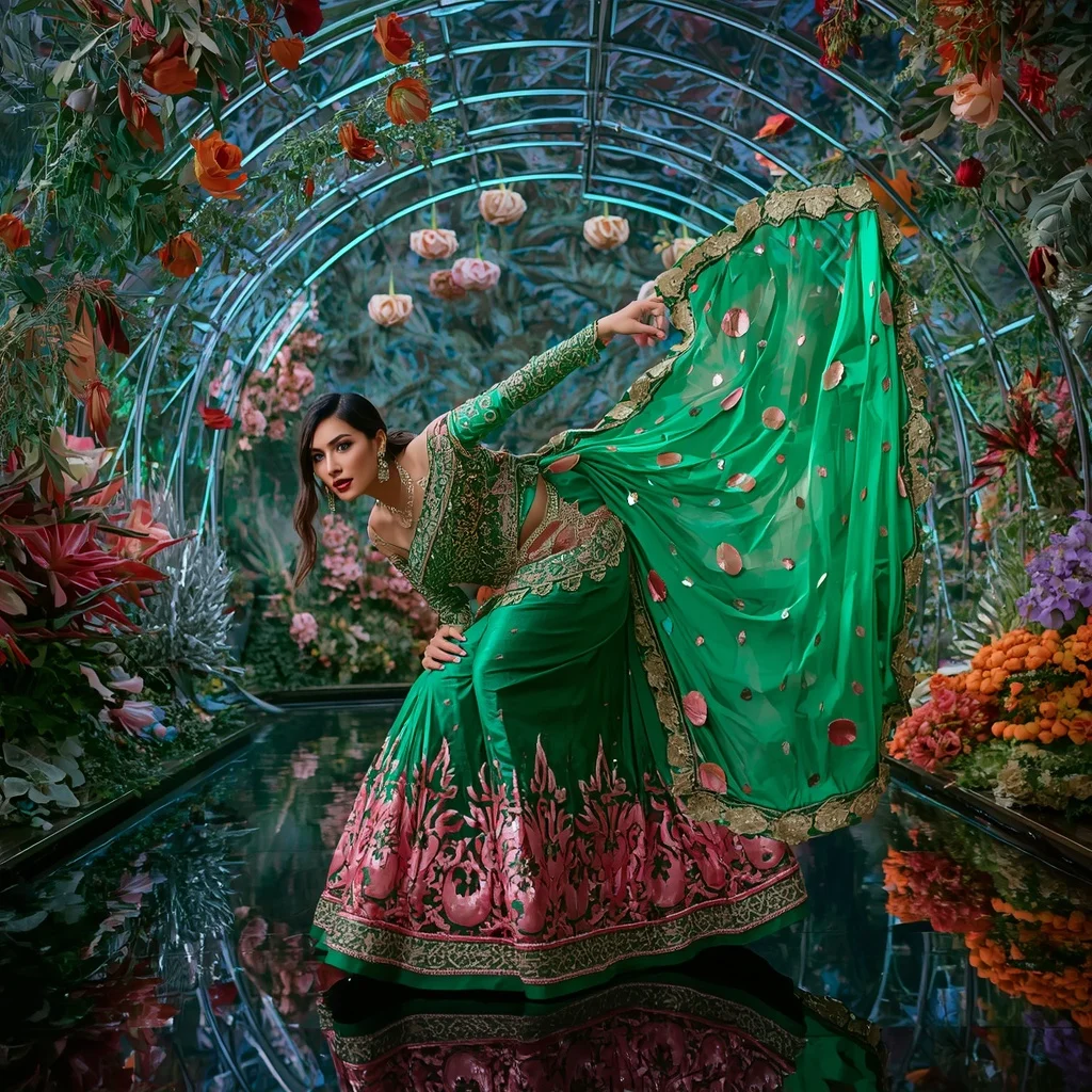Emerald Solaris Bloom Saree with Infinity Botanical Dome and Neon Petal Lattices | Ai Portrait Prompt