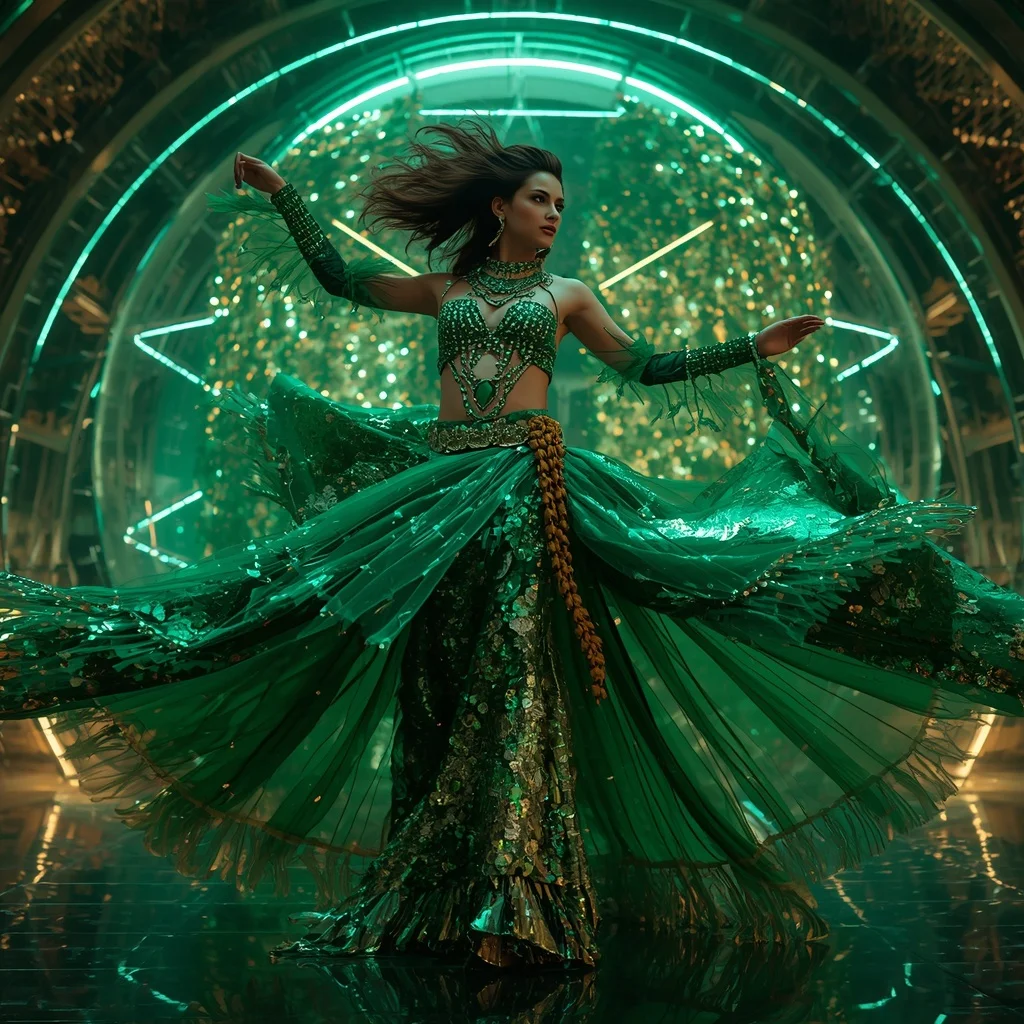 Emerald Supernova Core Armor Saree with Neon Collapse Energy Cathedral Sphere Reactor | Instagram Story Ai Prompt