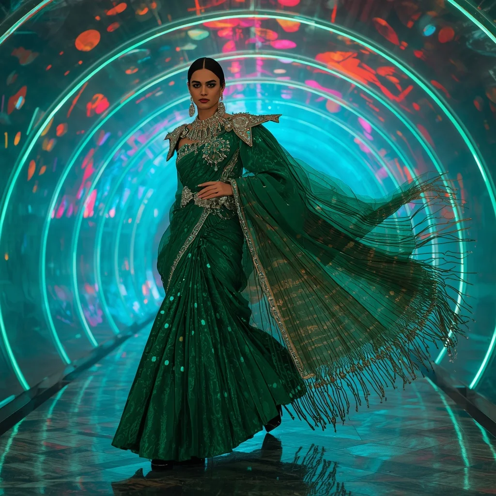 Emerald Thunder Crystal Saree with Curved Plasma Infinity Dome | Sora Ai Prompt