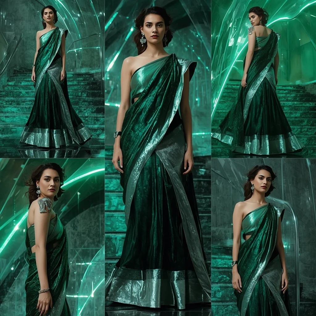 Emerald Thunder Galaxy Saree with Floating Prism Waves | Lighting Ai Prompt