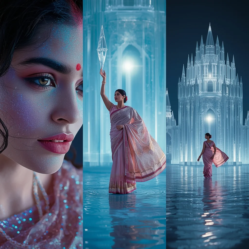 Ethereal Frost Diamond Winter Palace Saree Triptych | Saree Prompt For Girls